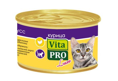 Консервы Vita Pro "Luxe" для стерилизованных кошек от 1 года, с курицей, мусс, 85 г
