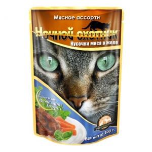 Консервы для взрослых кошек "Ночной охотник", с мясным ассорти в желе, 100 г