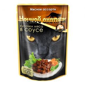 Консервы для взрослых кошек "Ночной охотник ", с мясным ассорти в соусе, 100 г