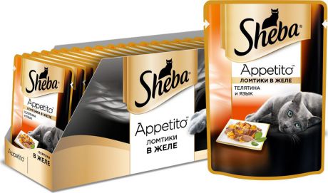 Консервы для взрослых кошек Sheba "Appetito", с телятиной и языком в желе, 85 г, 24 шт