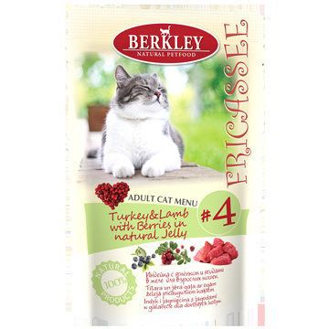 Консервы Berkley "Fricassee", для взрослых кошек, индейка с ягненком и ягодами в желе, 100 г