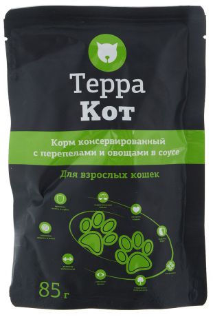 Консервы Терра "Кот" для взрослых кошек, с перепелами и овощами в соусе, 85 г