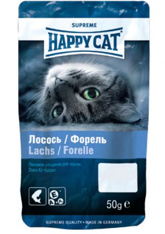 Лакомство для кошек "Happy Cat", угощение с лососем и форелью, 50 г