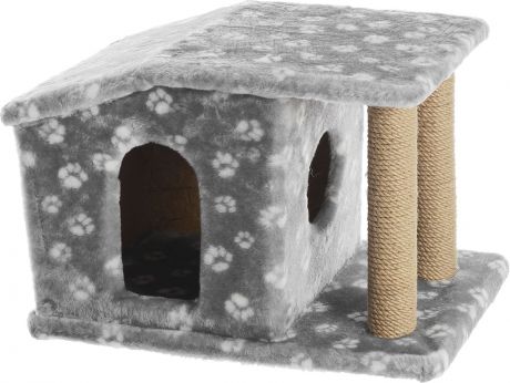 Игровой комплекс для кошек Меридиан "Патриция", с домиком и когтеточкой, цвет: серый, белый, бежевый , 63 х 40 х 41 см