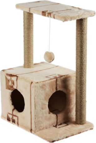 Домик-когтеточка Меридиан "Квадратный", 2-ярусный, с игрушкой, цвет: бежевый, коричневый, 50 х 36 х 75 см