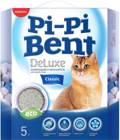 Наполнитель для кошачьего туалета Pi-Pi Bent DeLuxe Clean Сotton, бентонитовый, комкующийся, 5 кг
