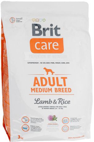 Корм сухой Brit Care "Adult Medium Breed" для взрослых собак средних пород, с ягненком и рисом, 3 кг