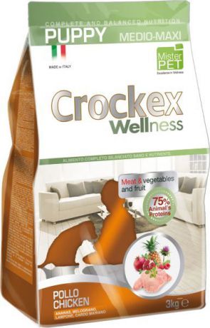 Корм сухой "Crockex Wellness" для щенков средних и крупных пород, с курицей и рисом, 3 кг