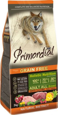 Корм сухой "Primordial" для собак, беззерновой, оленина и индейка, 2 кг