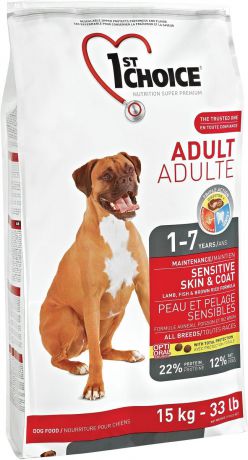 Корм сухой 1st Choice "Adult" для взрослых собак с чувствительной кожей и шерстью, с ягненком, рыбой и рисом, 15 кг
