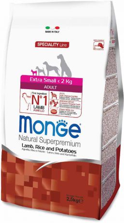 Корм сухой Monge "Dog Speciality Extra Small", для взрослых собак миниатюрных пород, с ягненком, рисом и картофелем, 2,5 кг