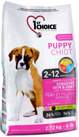 Корм сухой 1st Choice "Puppy" для щенков с чувствительной кожей и шерстью, с ягненком, рыбой и рисом, 2,7 кг