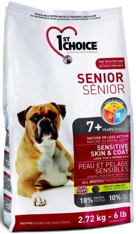 Корм сухой 1st Choice "Senior" для пожилых собак с чувствительной кожей и шерстью, с ягненком, рыбой и рисом, 2,72 кг
