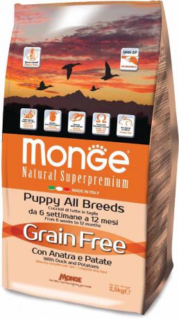 Корм сухой Monge "Dog Grain Free", для щенков, беззерновой, с уткой и картофелем, 2,5 кг