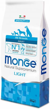Корм сухой Monge "Dog Speciality Light", для собак всех пород, низкокалорийный, с лососем и рисом, 12 кг