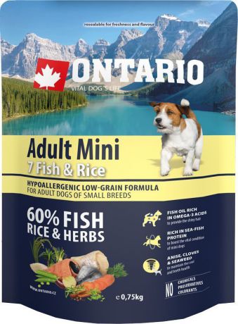 Корм сухой Ontario "Adult Mini" для собак мелких пород, с 7 видами рыбы и рисом, 750 г