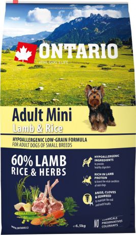 Корм сухой Ontario "Adult Mini" для собак мелких пород, с ягненком и рисом, 6,5 кг