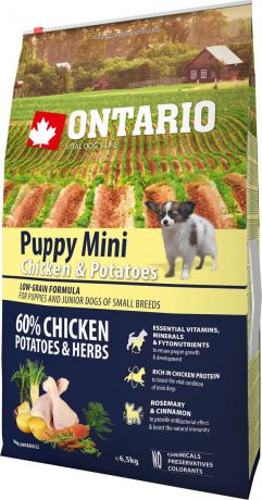 Корм сухой Ontario "Puppy Mini" для щенков мелких пород, с курицей и картофелем, 6,5 кг