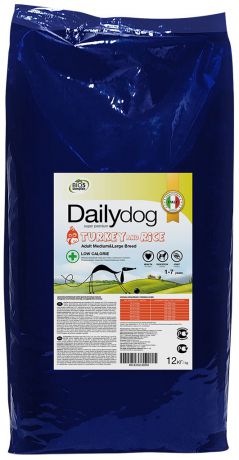 Корм сухой Daily Dog "Adult Medium Large Breed Low Calorie Turkey and Rice", для собак средних и крупных пород, облегченный, с индейкой и рисом, 12 кг