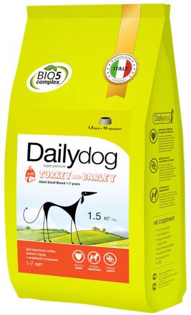 Корм сухой Daily Dog "Adult Small Breed Turkey & Barley", для взрослых собак мелких пород, с индейкой и рисом, 1,5 кг