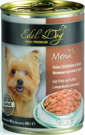 Консервы для собак "Edel Dog", с индейкой и печенью, кусочки в соусе, 400 г