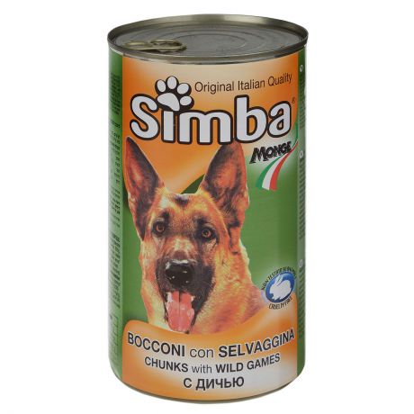 Консервы для собак Monge "Simba", кусочки с дичью, 1230 г