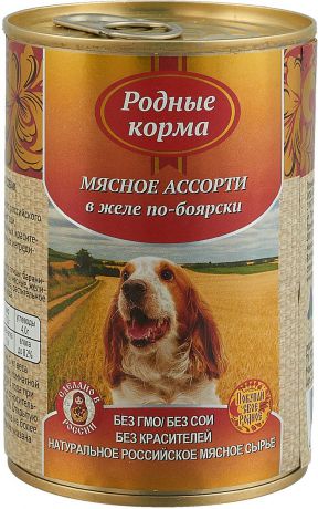 Консервы для собак "Родные Корма", мясное ассорти в желе по-боярски, 410 г