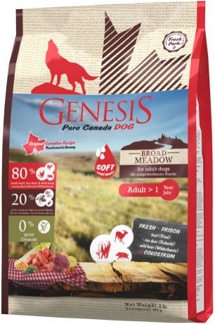 Корм сухой Genesis "Pure Canada Wide Meadow" для взрослых собак, беззерновой, говядина, косуля и дикий кабан, 907 г