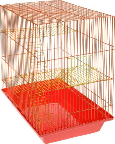 Клетка для грызунов ЗооМарк "Гризли", 4-этажная, цвет: красный поддон, оранжевая решетка, желтые этажи, 41 х 30 х 50 см