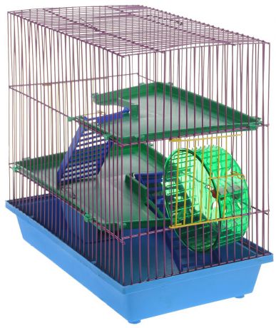 Клетка для грызунов "ЗооМарк", 3-этажная, цвет: синий поддон, красная решетка, зеленые этажи, 36 х 22,5 х 34 см