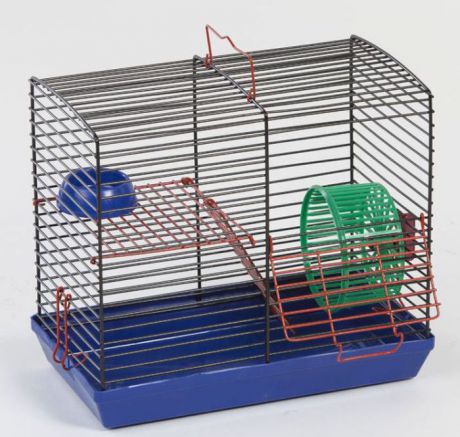 Клетка для джунгариков "Велес", двухэтажная, с колесом и миской, цвет: синий поддон, черная решетка, 26 х 14 х 23 см