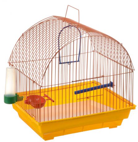 Клетка для птиц "ЗооМарк", цвет: желтый поддон, оранжевая решетка, 35 х 28 х 34 см