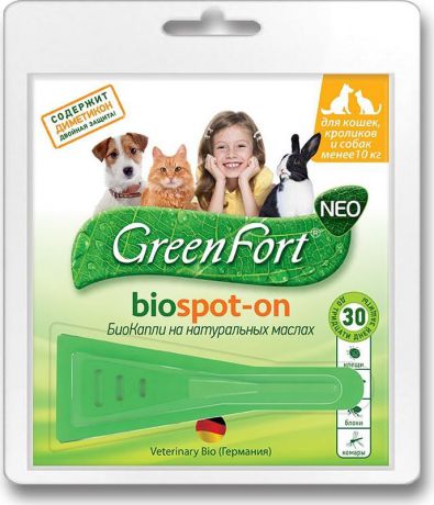 БиоКапли "GreenFort Neo" для кошек, кроликов и собак до 10 кг, от паразитов, 1 мл