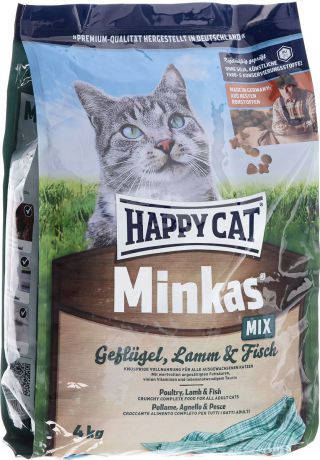 Корм сухой Happy Cat "Minkas Mix" для взрослых кошек, с птицей, ягненком и рыбой, 4 кг