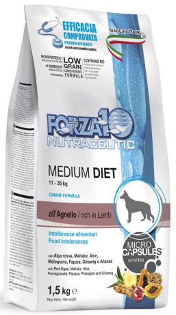 Корм сухой Forza10 "Diet" для взрослых собак средних пород, с ягненком с микрокапсулами, 1,5 кг