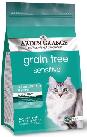 Корм сухой "Arden Grange", беззерновой, для взрослых кошек с деликатным желудком и/или чувствительной кожей, 4 кг