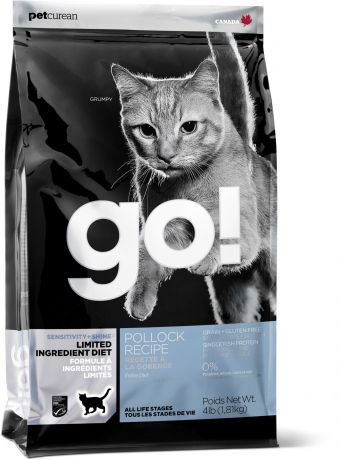 Корм сухой Go Natural, для котят и кошек с чувствительным пищеварением, беззерновой, с минтаем, 7,26 кг