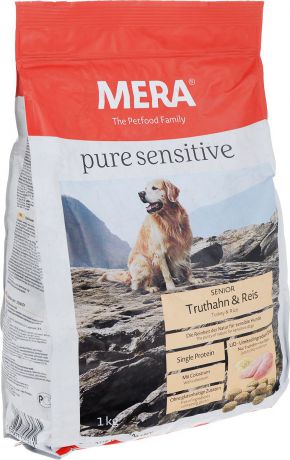Сухой корм Mera Pure Sensitive Senior, для пожилых собак, индейка и рис, 1 кг