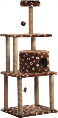 Домик-когтеточка Меридиан "Лапки", круглый, с двумя игрушками, цвет: коричневый, белый, 65 х 50 х 153 см