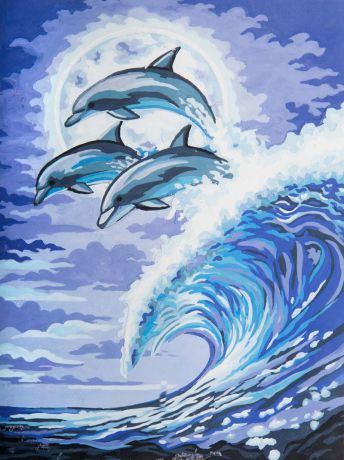Канва с нанесенным рисунком Grafitec "Дельфины в лунном свете", жесткая, для вышивания гобеленовым швом, 30 x 40 см