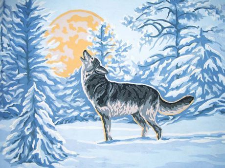 Канва с нанесенным рисунком Grafitec "Волк при свете луны", жесткая, для вышивания гобеленовым швом, 30 x 40 см