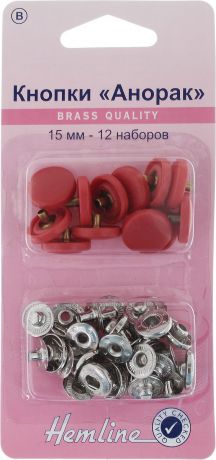 Кнопки Hemline "Анорак", цвет: красный, стальной, диаметр 15 мм, 12 наборов. 404