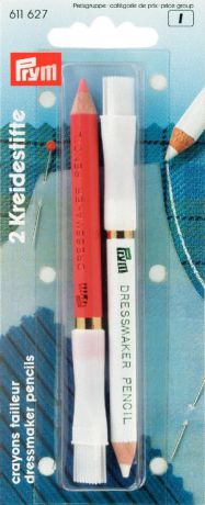 Набор меловых карандашей "Prym", со стирающей кисточкой, цвет: белый, розовый, 11 см, 2 шт