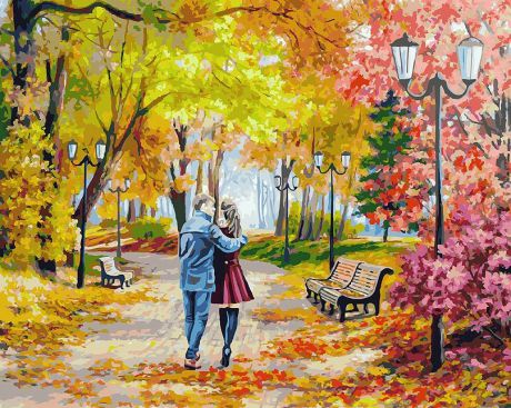 Живопись на холсте Белоснежка "Осенний парк, скамейка, двое", 40 х 50 см