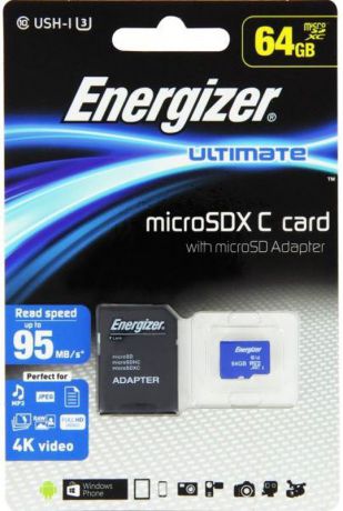 Energizer MicroSDXC Class10 UHS-I U3 Ultimate 64GB карта памяти с адаптером