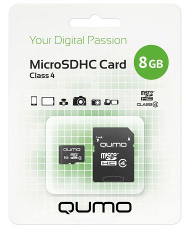 QUMO microSDHC Class 4 8GB карта памяти + адаптер