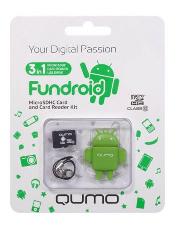 QUMO microSDHC Class 10 16GB + картридер/USB накопитель Fundroid, Green