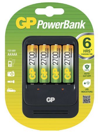 Зарядное устройство "GP Batteries" PB570 для заряда 4-х аккумуляторов типа АА, ААА + комплект из 4-х аккумуляторов NiMh, 2700 mAh, тип АА