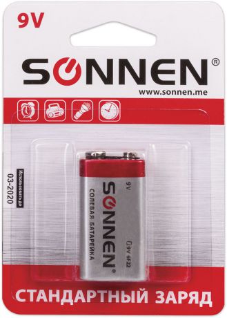 Батарейка солевая "Sonnen", тип Крона - 6F22, 9В. 451101