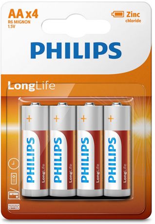 Батарейка солевая Philips "LongLife", тип AA, 1,5 В, 4 шт